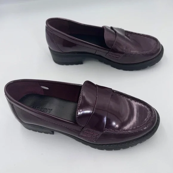 Old Navy Womens 7 Chunky Lug Sole Loafers Burgundy Patent Dark Academia Shoes - Picture 11 of 13